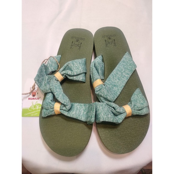 Kuailu Shoes - Kuailu Yoga Mat Flip Flops Womens 10 Sage Green Teal Fabric Knot Strap Sandals